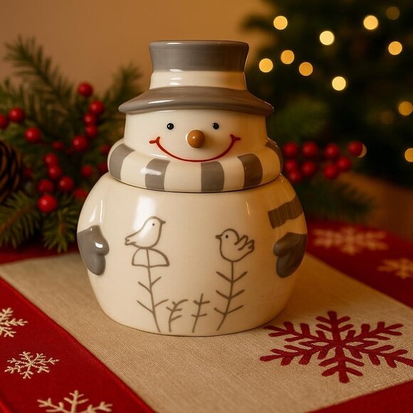Thompson Ferrier Snowman Christmas Holiday Ceramic Scented Candle Jar with Lid - Picture 1 of 6